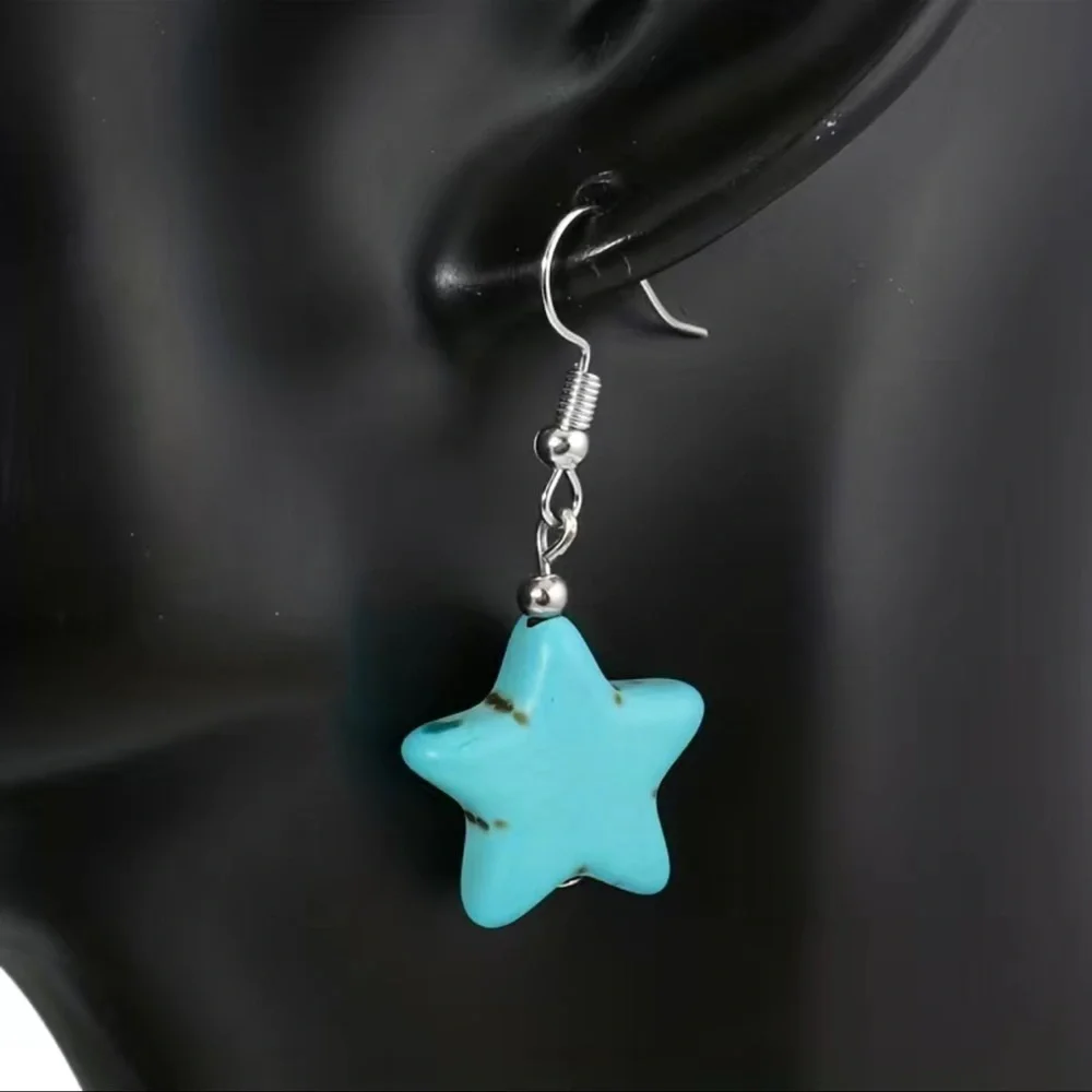 New Handmade S925 Sterling Silver Boheme Natural Turquoise Carved Star Earrings